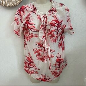 FARM Rio Red River Ride Sheer Cotton Blouse with ruffle neckline. Size Medium